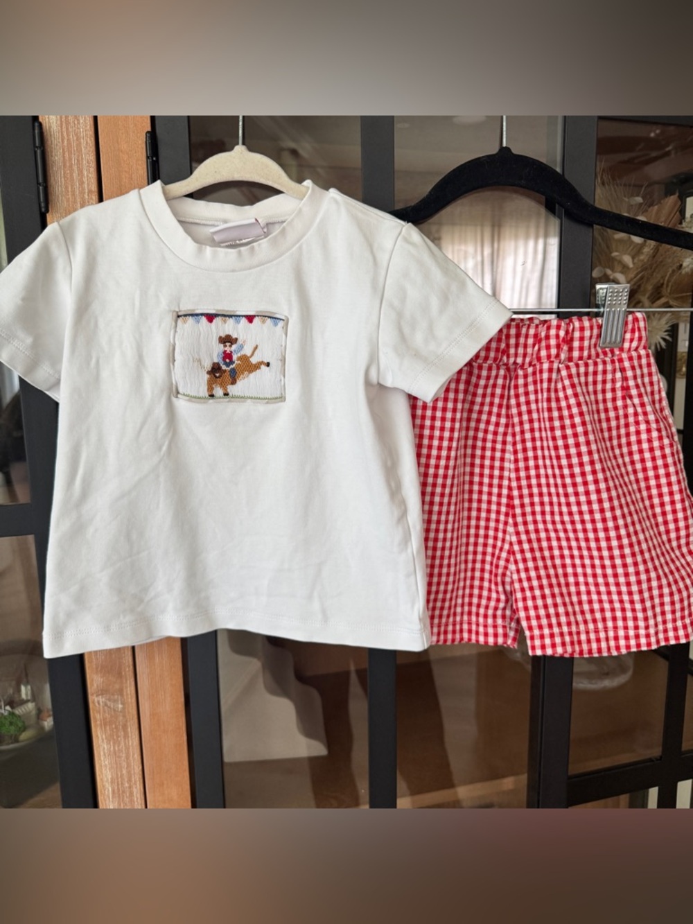 Stitchy Fish rodeo cowboy smocked tee set shorts gingham western toddler boy